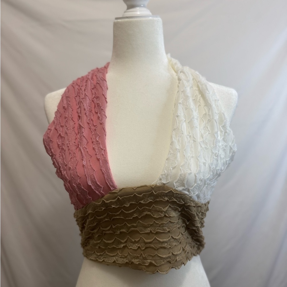 Colorblock Textured Halter Crop Top - Size Large